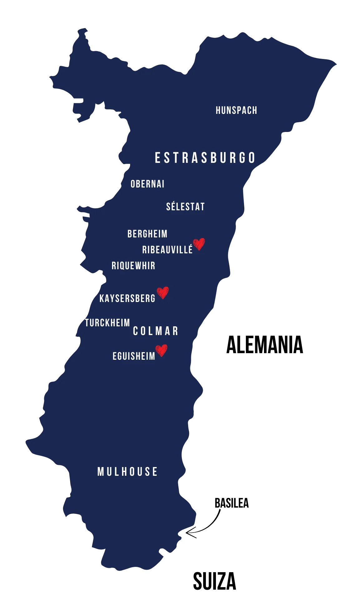 Alsacia mapa Francia con la ubicacion de ciudades y pueblos