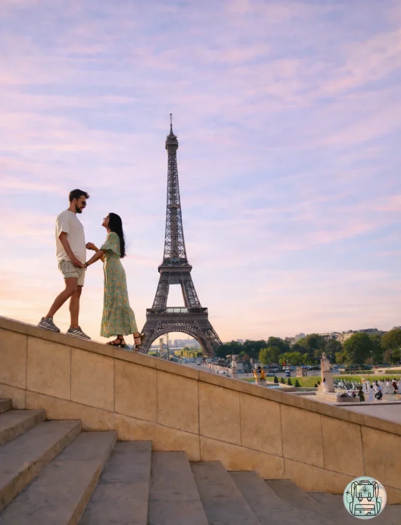 Pareja agarrada de la mano en Trocadero, París con la Torre Eiffel de fondo al amanecer.