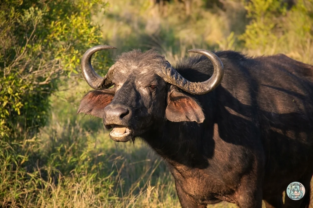 Búfalo cafre en primer plano entre la vegetación de Thornybush