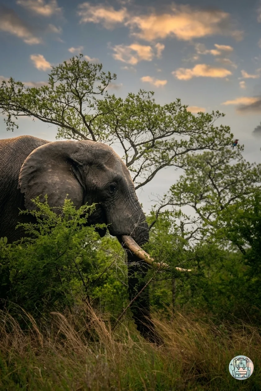 Elefante africano entre los árboles al atardecer