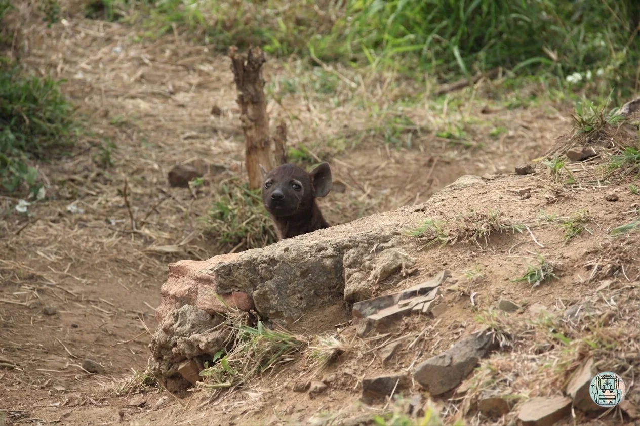 Cachorro de hiena en la entrada de su madriguera