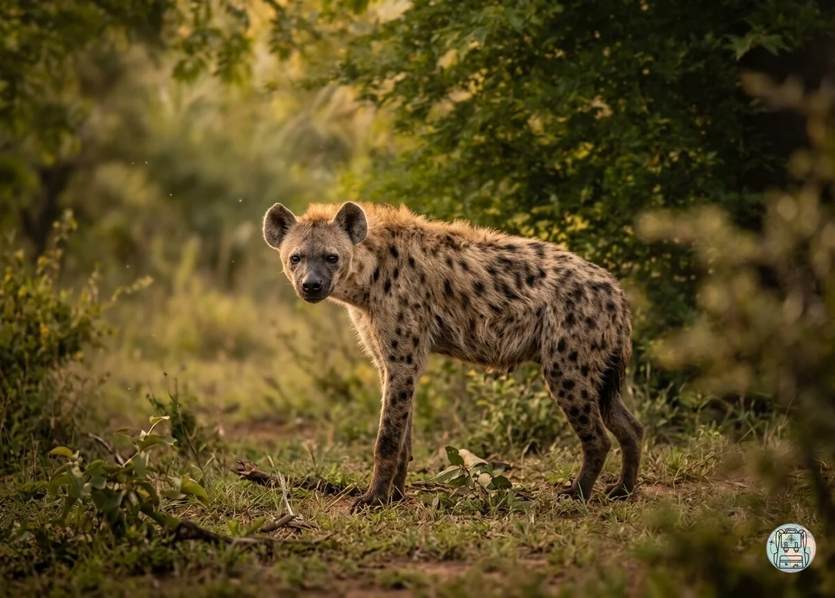 Hiena en la zona de picnic de Tshokwane, avistamiento clave en los lugares importantes de Sudáfrica