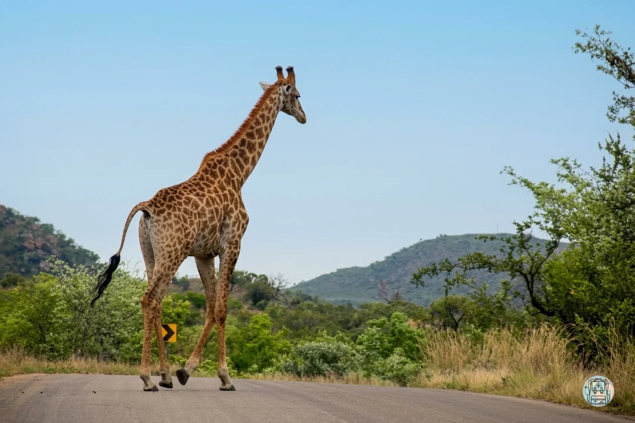 Jirafas cruzando una carretera asfaltada durante un safari en el Parque Kruger