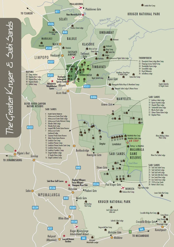 Mapa de las reservas privadas en el Gran Kruger y localización de lodges