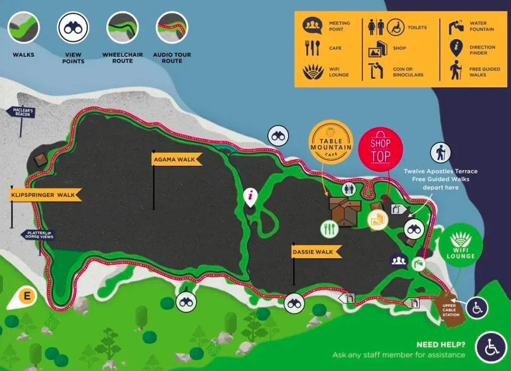 Mapa ilustrado con los senderos de trekking en la cumbre de Table Mountain