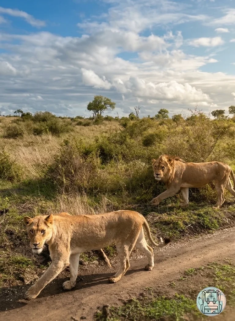 Pareja de leones caminando junto a un todoterreno de safari en Sabi Sands