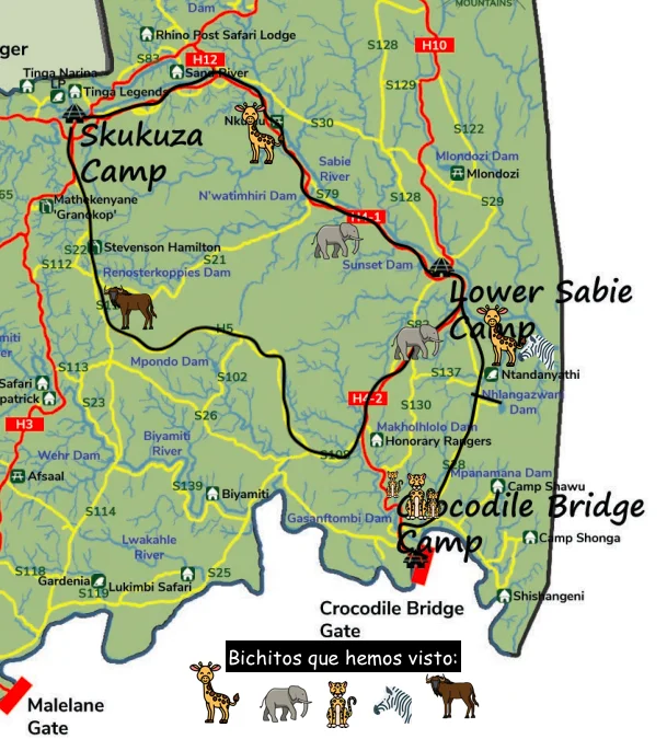Mapa de trayecto y avistamientos para un safari en el Kruger