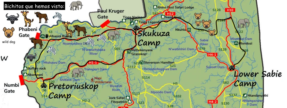 Mapa de ruta orientativo dentro del Kruger para planificar qué ver en Sudáfrica