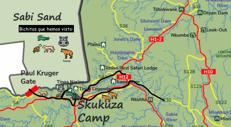 Mapa de localización y ruta para una ruta por el Kruger en la zona centro-sur