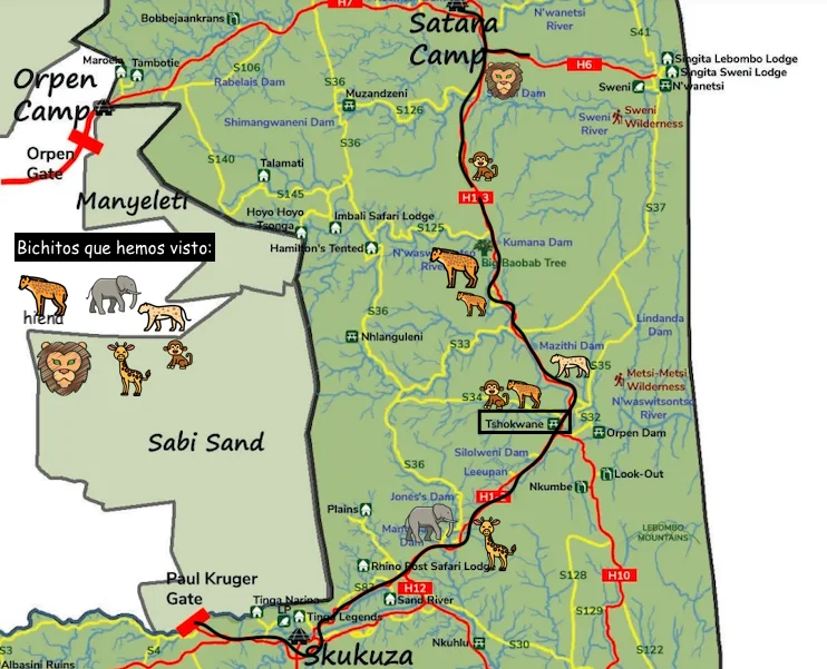 Mapa de ruta final en el Kruger ideal para una guía de viaje de 10 días en Sudáfrica