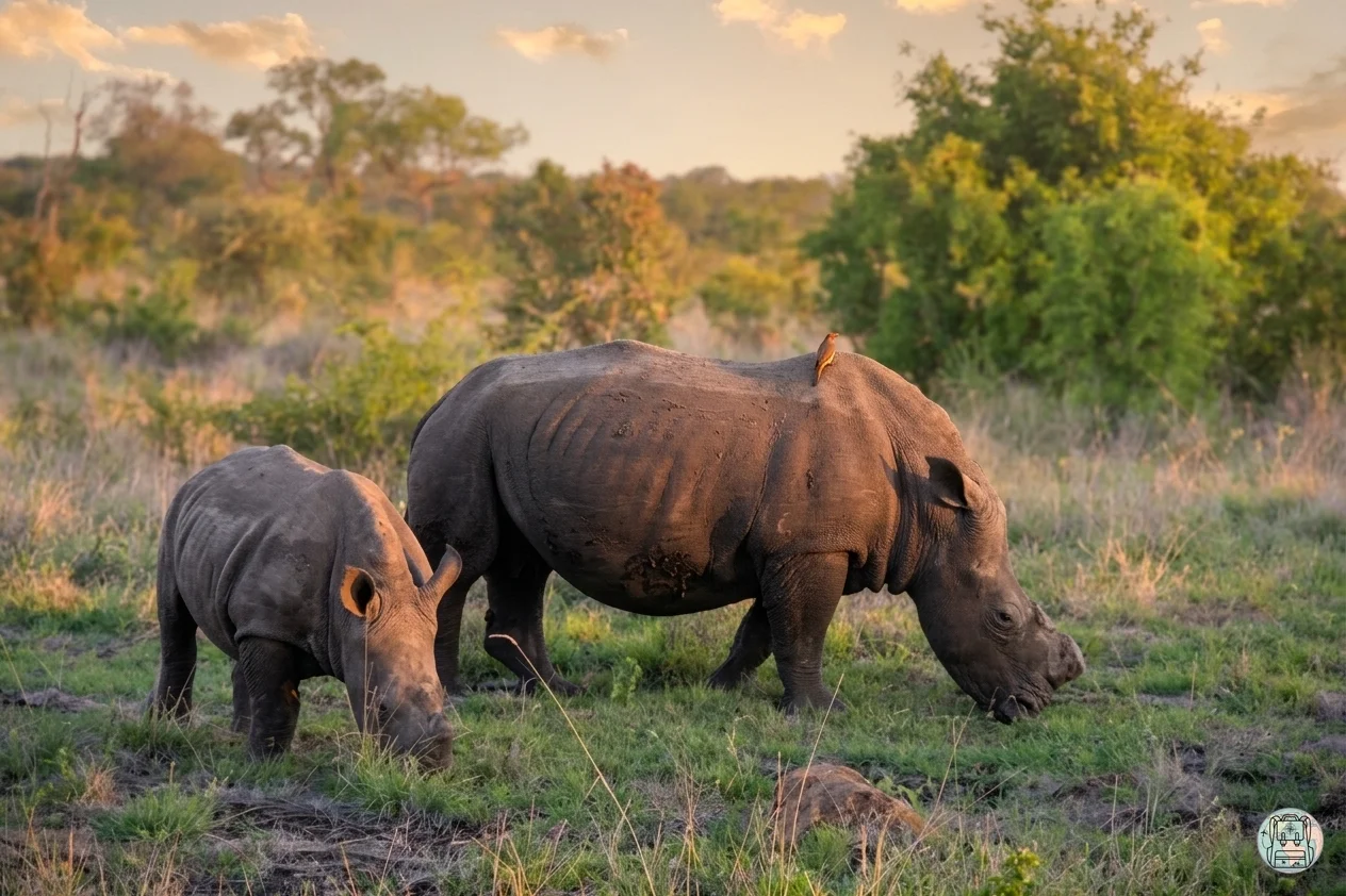 Rinoceronte blanco junto a su cría en una de las reservas privadas en el Kruger (Sabi Sands)