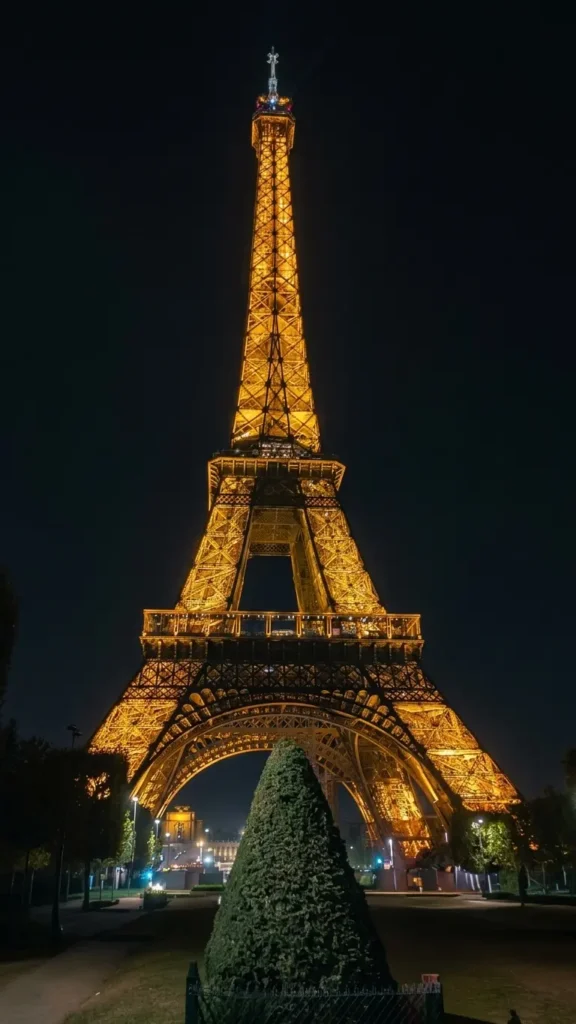 La Torre Eiffel de París iluminada de noche con luces doradas