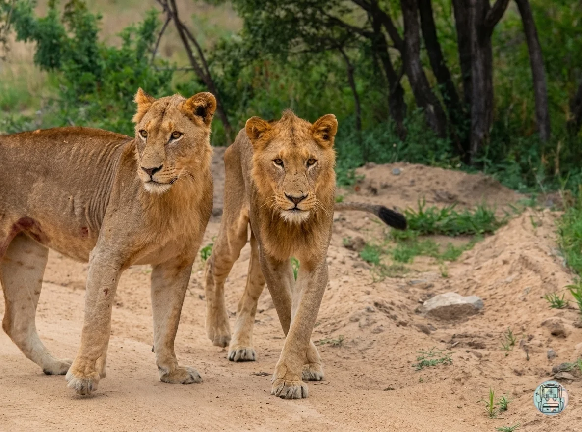 Dos leones jóvenes caminando juntos de frente por un camino de tierra en la sabana