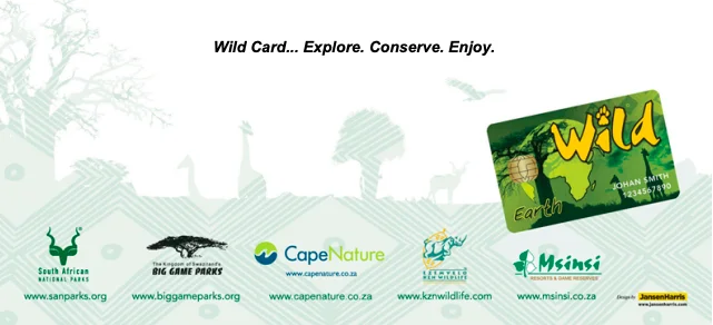 Tarjeta Wild Card de Sudáfrica junto con los logotipos de los parques nacionales adheridos como SANParks y CapeNature