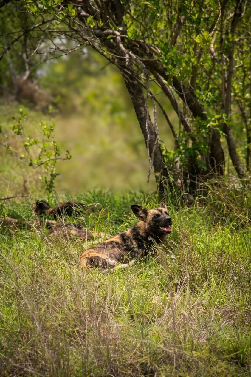 Licaón o perro salvaje africano descansando durante un safari de fauna salvaje