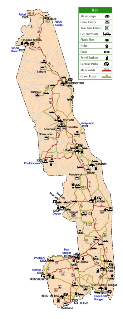 Mapa ilustrado de las rutas, campamentos y servicios del Parque Nacional Kruger