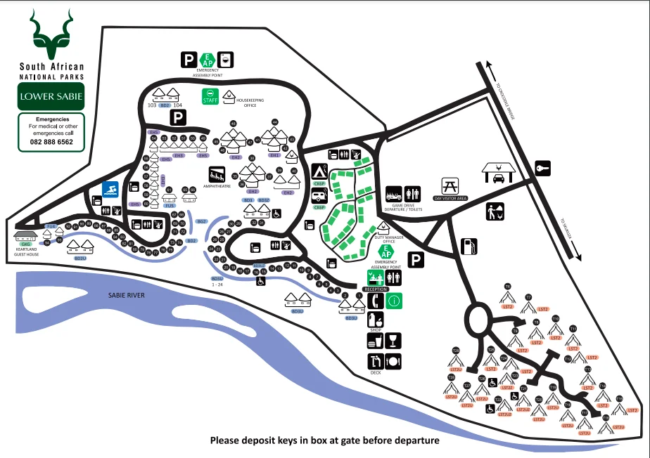 Plano de distribución de las habitaciones, bungalows e instalaciones del campamento Lower Sabie