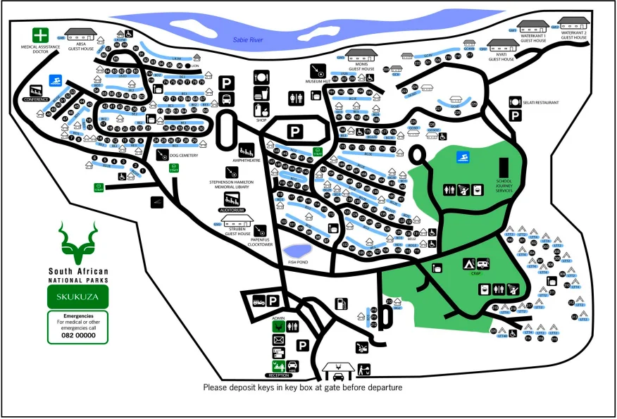 Plano de distribución de las habitaciones, bungalows e instalaciones del campamento Skukuza