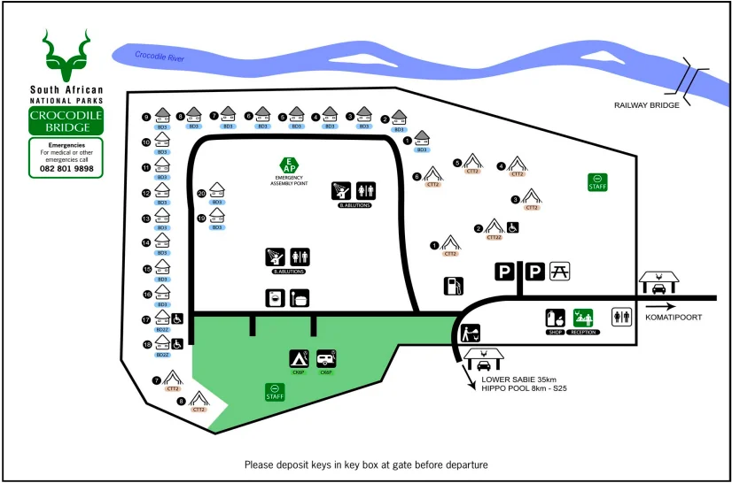 Plano de distribución de las habitaciones, bungalows e instalaciones del campamento Crocodile Bridge