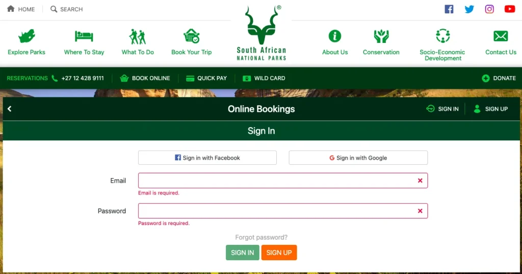 Pantalla de inicio de sesión y registro de usuario en la plataforma de SANParks