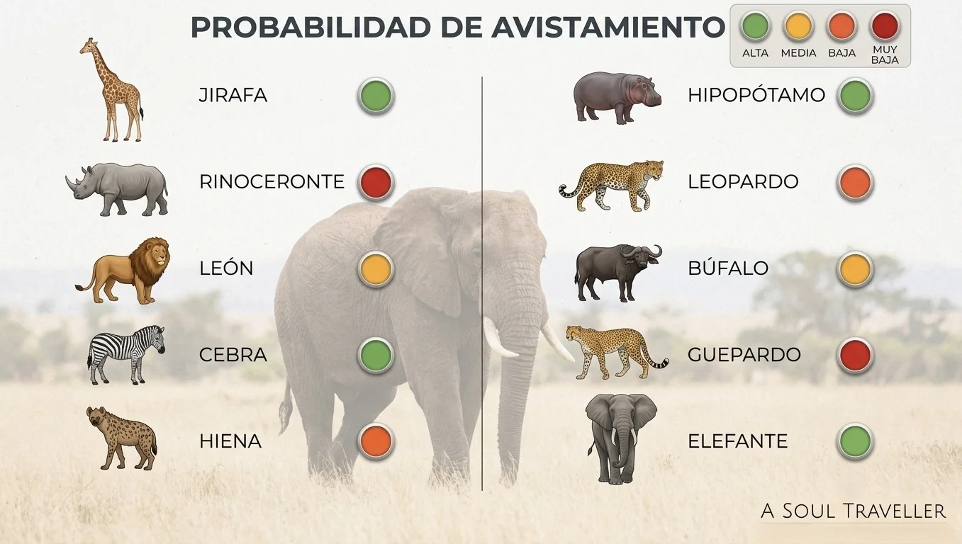 Infografía con las probabilidades de avistamiento de animales en el Parque Kruger