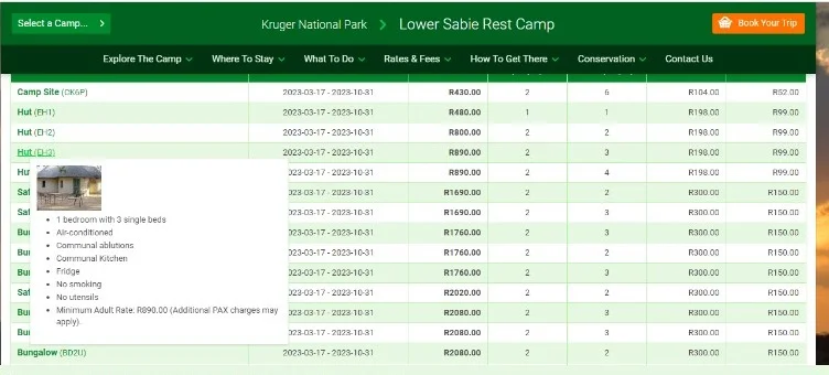 Lista de tipos de alojamiento, precios y características en el campamento Lower Sabie