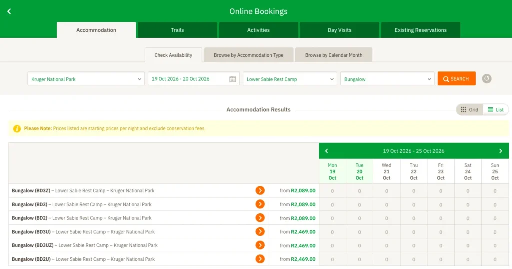 Captura del buscador de alojamientos y calendario de disponibilidad en la web de SANParks